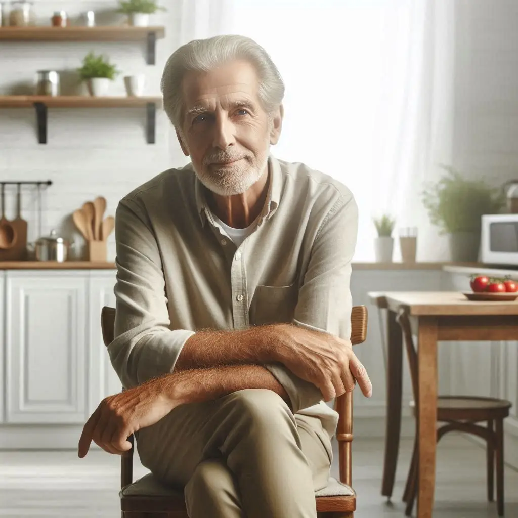 Older man sitting on a chair in a kitchen with his arms crossed, smiling.