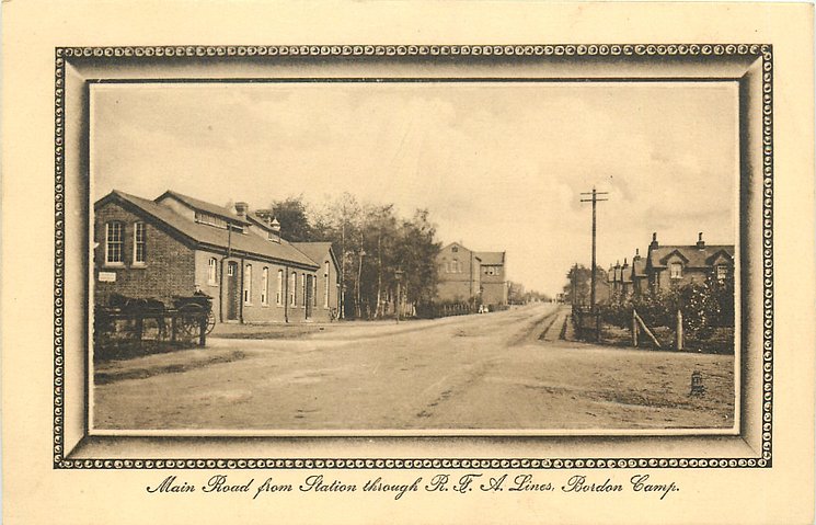 Main road through the Royal Field Artillery lines at Bordon Camp, by 1915